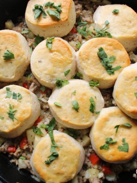 Rustic Hog Farmer’s Skillet Supper – Apple, Hash Browns & Biscuits!