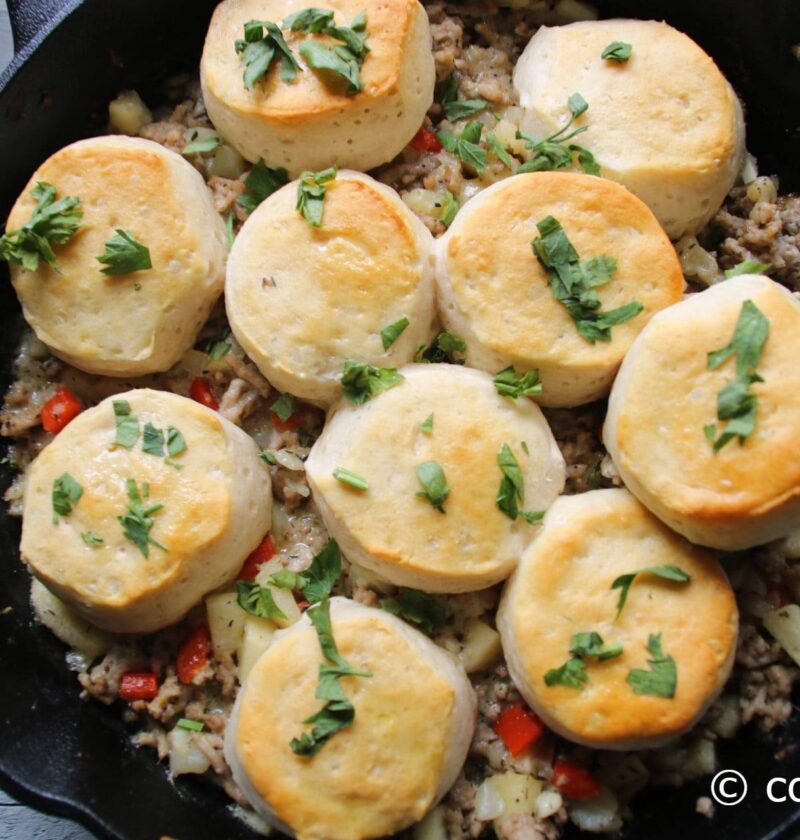Rustic Hog Farmer’s Skillet Supper – Apple, Hash Browns & Biscuits!