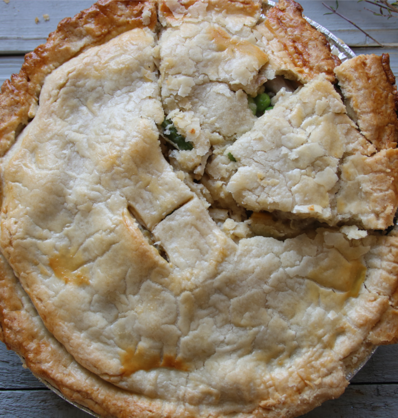 Golden homemade chicken pot pie baked in a flaky pie crust.