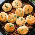 Cure-All One-Pan Comfort Skillet with beef, sausage, maple beans, and golden biscuits in a cast-iron pan