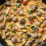 Creamy garlic sausage pasta cooked in one skillet