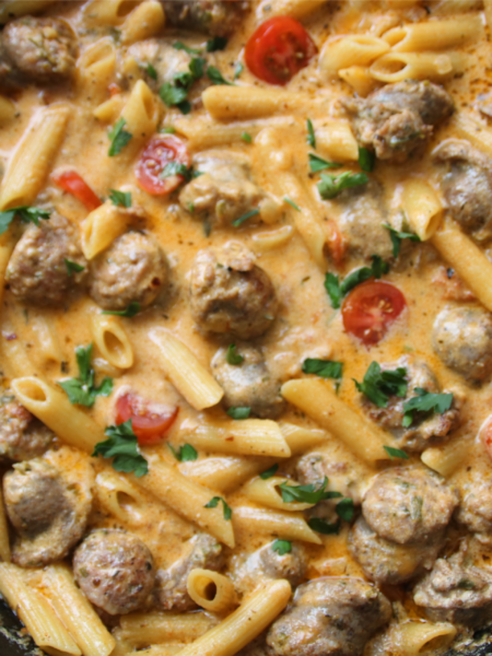 Creamy garlic sausage pasta cooked in one skillet