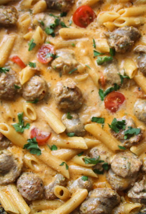 Creamy garlic sausage pasta cooked in one skillet