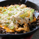 Big Mac skillet recipe made with ground beef, pickles, lettuce, and special sauce