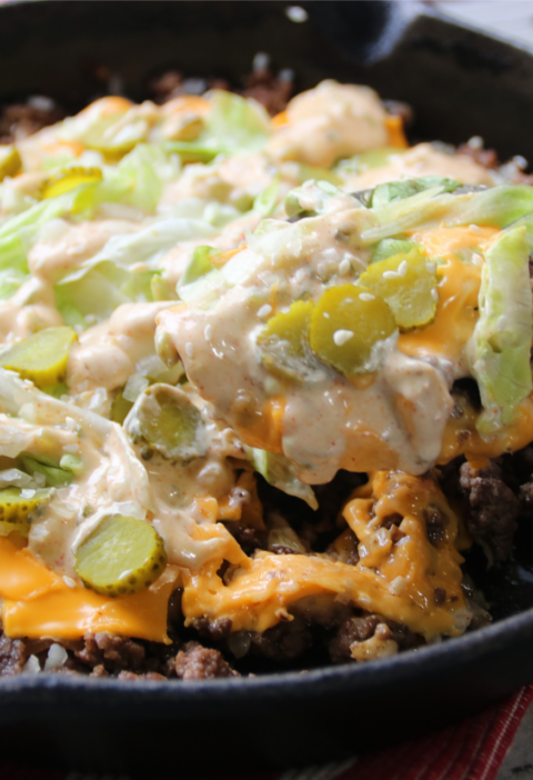 Big Mac skillet recipe made with ground beef, pickles, lettuce, and special sauce