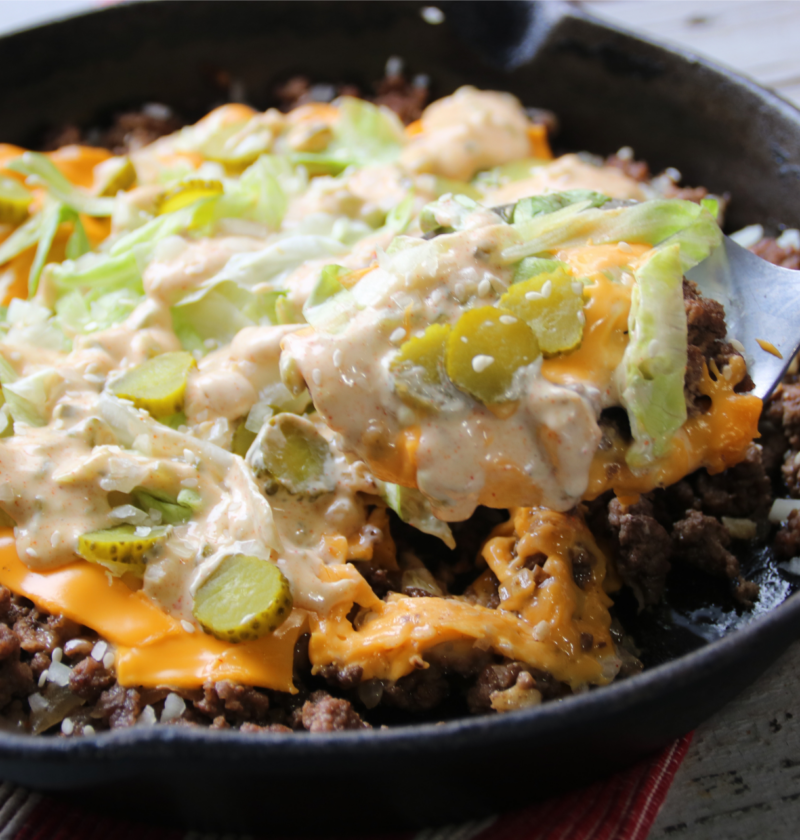 Big Mac skillet recipe made with ground beef, pickles, lettuce, and special sauce