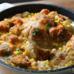 KFC Chicken Bowl Bake served with crispy chicken, mashed potatoes, corn, gravy, and melted cheese