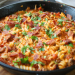 Grandpa's One Pan Ground Beef & Bacon Supper served in a cast iron skillet with rotini pasta, crispy bacon, melted cheddar cheese, and parsley garnish.