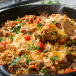 One pan ground beef supper with rice, tomatoes, and bell peppers cooked in a skillet