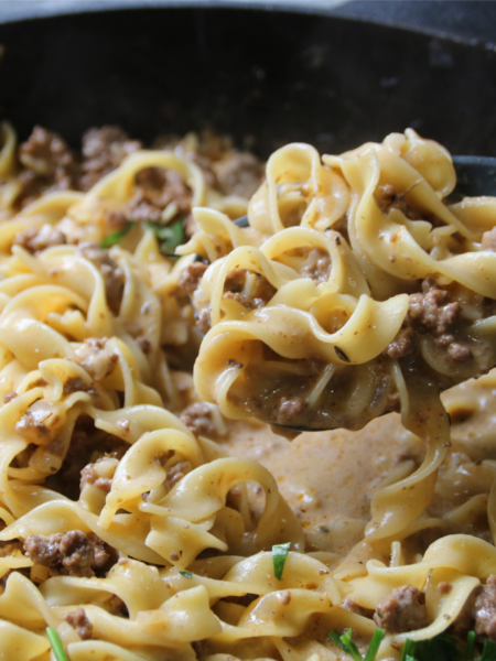 Back When Supper Was Simple one-pan creamy beef and noodles served in a cast iron skillet.