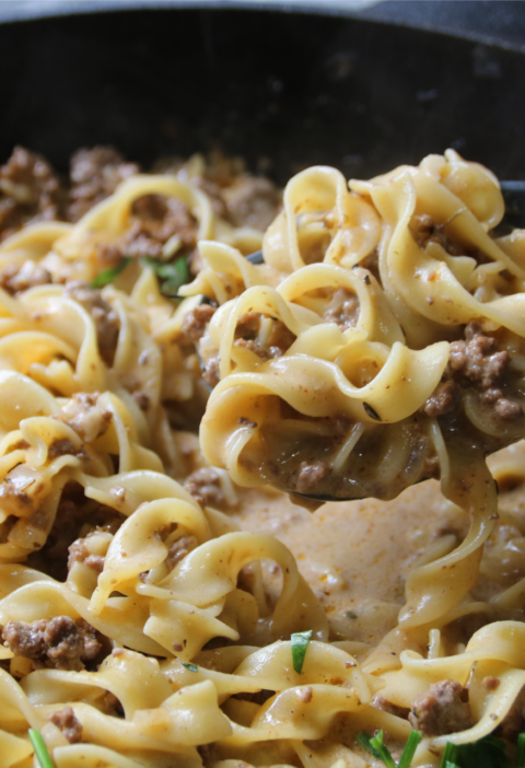 Back When Supper Was Simple one-pan creamy beef and noodles served in a cast iron skillet.