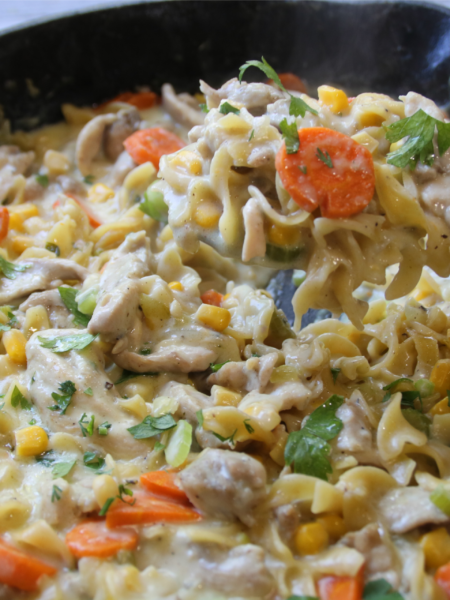 Creamy Chicken & Noodles Skillet served in a cast-iron skillet with tender chicken, wide egg noodles, carrots, corn, and rich homemade gravy.