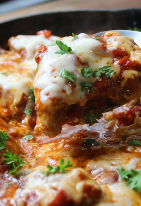 Cheesy tomato chicken skillet with mozzarella, Parmesan and diced tomatoes