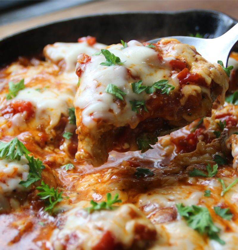 Cheesy tomato chicken skillet with mozzarella, Parmesan and diced tomatoes