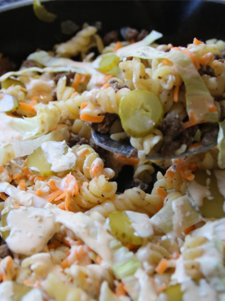 Old-School Big Mac Pasta Salad with ground beef, rotini, lettuce, cheddar cheese, dill pickles and special sauce