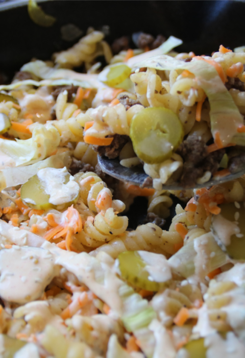 Old-School Big Mac Pasta Salad with ground beef, rotini, lettuce, cheddar cheese, dill pickles and special sauce