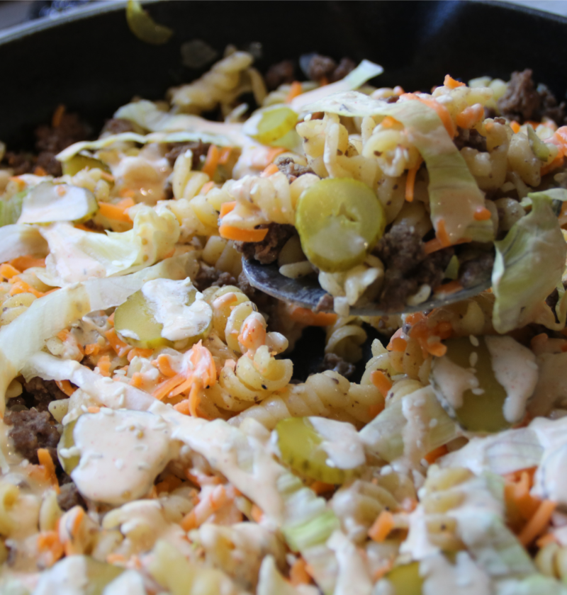 Old-School Big Mac Pasta Salad with ground beef, rotini, lettuce, cheddar cheese, dill pickles and special sauce